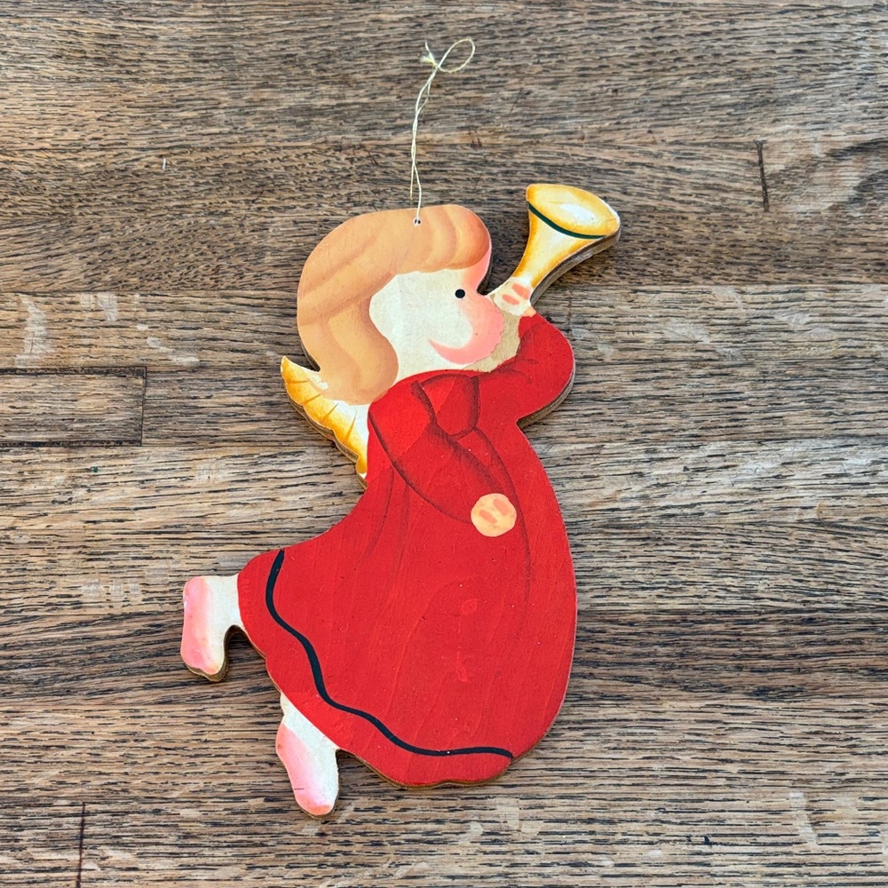 Vintage Red Wooden “Cherub” Angel Christmas Ornament